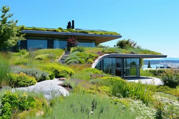 A modern ecofriendly green roof covered in lush vegetation and interspersed with efficient solar panels harnessing sustainable energy under a clear blue sky.