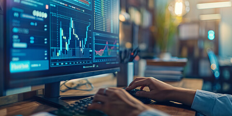 Professional Stock Trader Analyzing Financial Statistics Market Growth Graphs on Multiple Computer Screens - 760168490
