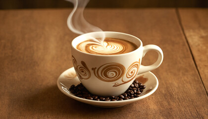 Coffee cup with latte art on wooden table background.