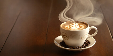 Cup of coffee with latte art on wooden table background. Copy space on the left for text