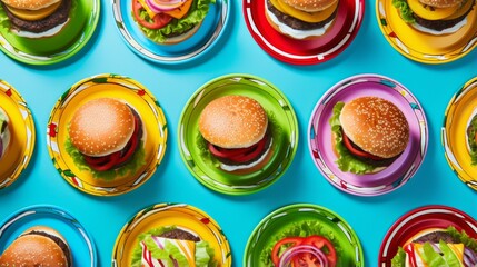 Overhead shot of multiple cheeseburgers on vibrant colored plates arranged in a pattern, depicting...