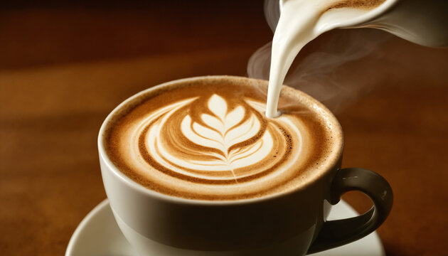 Cup of coffee with latte art on wooden table, vintage tone. Puroing milk.