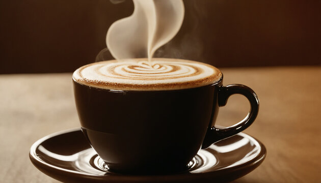 Cup of coffee with foam on wooden table, close-up