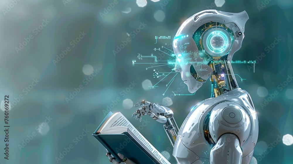Poster human like ai robot with book surrounded by holographic math formulas on blurred background
