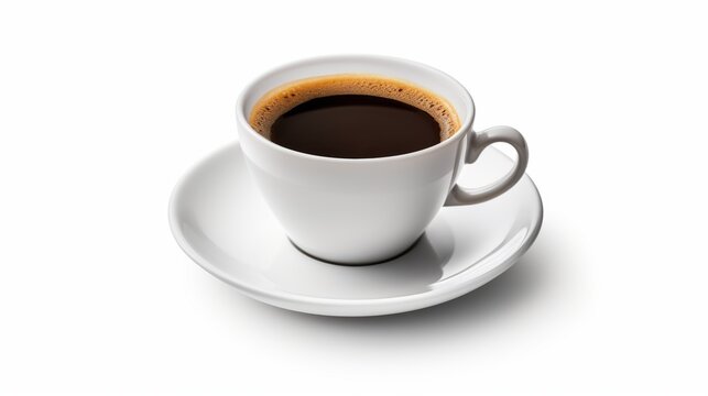 This image features a classic white cup of black coffee on a saucer, against a white background, highlighting the drink's rich texture