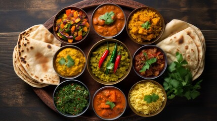 A traditional assortment of rich and vibrant Indian dishes served with fresh bread on a circular platter