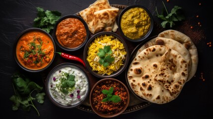 A top view of traditional Indian food dishes with bread, rice and various curries on a dark, elegant slate background