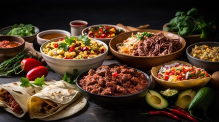 Variety of traditional Mexican food featuring tacos, chili, and corn salad on a dark rustic table, perfect for a fiesta