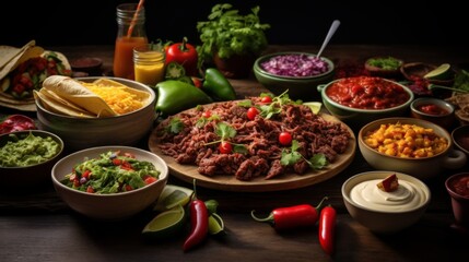 A traditional Mexican dish rich with seasoned meat and veggies, accompanied by a variety of condiments on dark wood