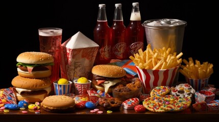 High-calorie junk food spread with burgers, fries, and fizzy drinks, evoking fast food indulgence and guilty pleasures