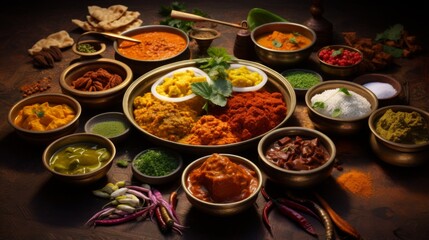 A beautiful spread of Indian curries and spices in earthenware bowls, highlighting India's culinary traditions