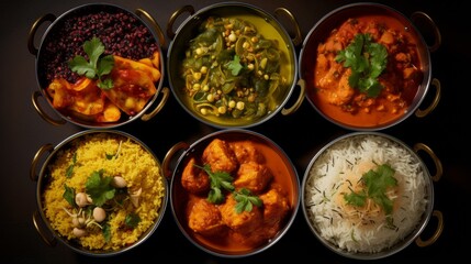 An inviting display of various Indian dishes including rice and lentils served in traditional pots on a dark tabletop