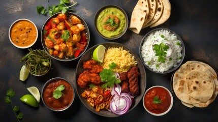 Inviting arrangement of Indian cuisine showcasing tandoori chicken and diverse side dishes on a dark tabletop - obrazy, fototapety, plakaty