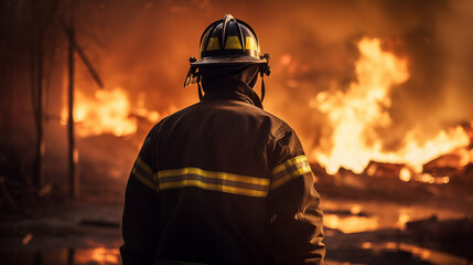 Firefighter in Gear Overlooking a Major Fire, Preparing to Tackle the Flames - obrazy, fototapety, plakaty