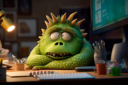 Overtime, deadline, Friday. Tired character in a dark evening office. Administrative worker with a sad expression sits at his desk. Unhappy person. Stress and depression.