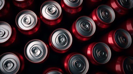 Overhead shot of glossy red soda cans that highlights the alluring shine and curves of the design