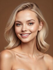 Bright Brown background Portrait of blonde caucasian smiling beautiful woman with smooth clean face glowing skin youth skin care ad concept from Generative AI