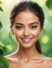 Bright Forest Green background Portrait of hispanic mexican smiling beautiful woman with smooth clean face glowing skin youth skin care ad concept from Generative AI