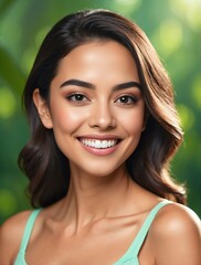 Bright Forest light Green background Portrait of hispanic mexican smiling beautiful woman with smooth clean face glowing skin youth skin care ad concept from Generative AI