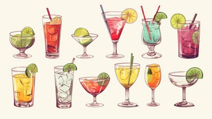 A vibrant collection of various cocktails, each uniquely garnished, presented in an illustrated form