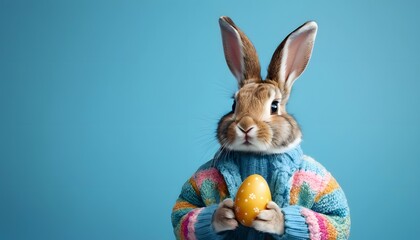 Cute easter bunny in winter clothes holding an easter egg on a blue background with copy space