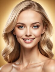 Bright Gold background Portrait of blonde caucasian smiling beautiful woman with smooth clean face glowing skin youth skin care ad concept from Generative AI