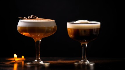 These espresso-based cocktails are beautifully presented in sophisticated stemware with a dark, moody backdrop, perfect for menu or promotional use