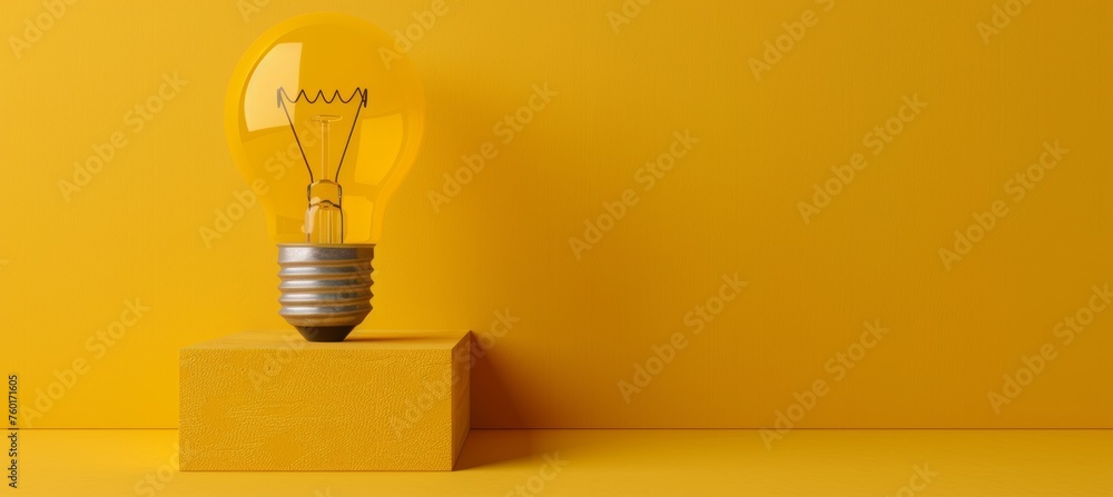 Poster illuminated light bulb on block with ample space for text placement on solid color background