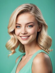 Fototapeta premium Bright Mint Green background Portrait of blonde caucasian smiling beautiful woman with smooth clean face glowing skin youth skin care ad concept from Generative AI