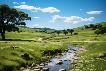 A serene stream flows through lush grassland with trees under a cloudy sky - Powered by Adobe