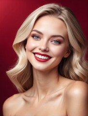 Bright Red background Portrait of blonde caucasian smiling beautiful woman with smooth clean face glowing skin youth skin care ad concept from Generative AI