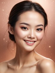 Naklejka premium Bright Rose Gold background Portrait of asian smiling beautiful woman with smooth clean face glowing skin youth skin care ad concept from Generative AI