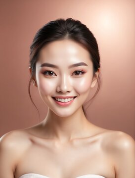 Bright Rose Gold background Portrait of asian smiling beautiful woman with smooth clean face glowing skin youth skin care ad concept from Generative AI
