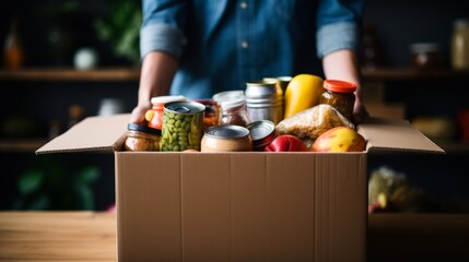 A detailed view of a tightly packed box with a variety of preserved food jars and fresh fruits, symbolizing food aid or storage