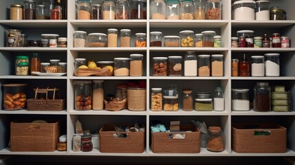 A well-organized pantry shelf displaying jars and woven baskets labeled for easy identification of contents