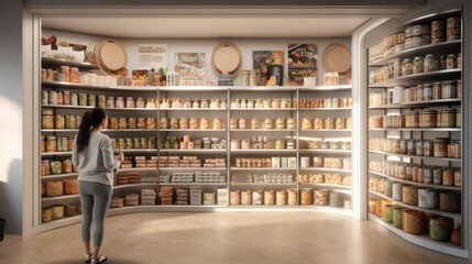A fashionable pantry with vast choices of neatly organized food items, lit by soft sunlight