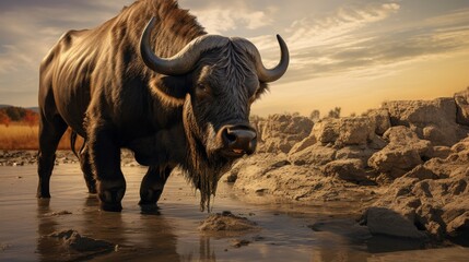 Striking photo of a dominant Cape buffalo grazing in the wild, with a backdrop of a golden sunset and rugged terrain