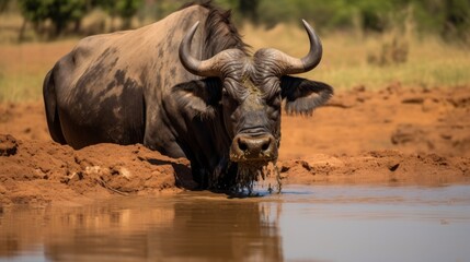 An African Buffalo stands knee-deep in water at a waterhole, cooling off and drinking amidst the hot savanna