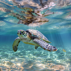 green sea turtle swimming, A turtle swimming in the ocean with its head above the water