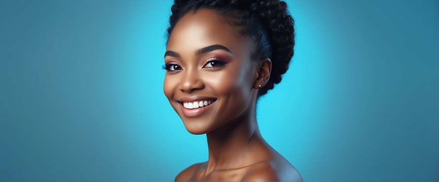Bright Aqua Blue background Portrait of black african smiling beautiful woman smooth clean face glowing skin youth skin care ad concept from Generative AI