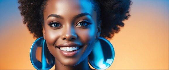 Bright Blue background Portrait of black african smiling beautiful woman with smooth clean face glowing skin youth skin care ad concept from Generative AI