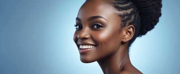 Bright Blue background Portrait of black african smiling beautiful woman with smooth clean face glowing skin youth skin care ad concept from Generative AI - obrazy, fototapety, plakaty