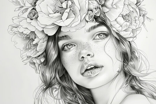 This image is a grayscale pencil illustration designed for coloring, featuring a detailed portrait of a young girl adorned with a floral wreath
