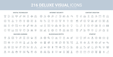 Digital startup technology, trend strategy and sharing solutions line icons set. Internet security and cryptography for blockchain, blog content creation thin black outline symbols vector illustration