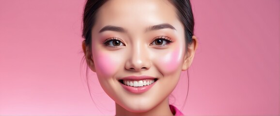 Fototapeta premium Bright Pink background Portrait of asian smiling beautiful woman with smooth clean face glowing skin youth skin care ad concept from Generative AI