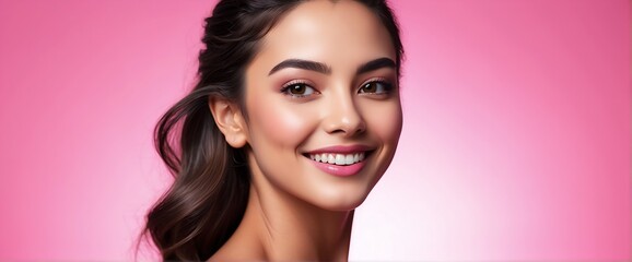 Fototapeta premium Bright Pink background Portrait of hispanic mexican smiling beautiful woman with smooth clean face glowing skin youth skin care ad concept from Generative AI