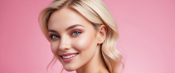 Bright Pink background Portrait of blonde caucasian smiling beautiful woman with smooth clean face glowing skin youth skin care ad concept from Generative AI - obrazy, fototapety, plakaty