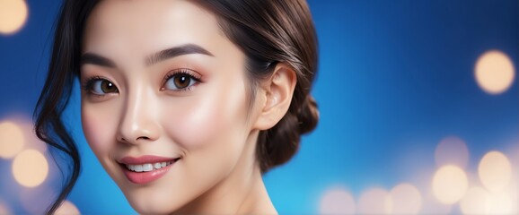 Bright Royal Blue background Portrait of asian smiling beautiful woman with smooth clean face glowing skin youth skin care ad concept from Generative AI