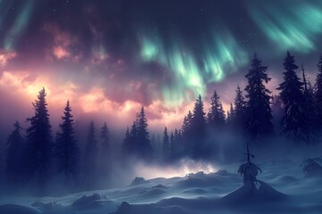 Northern lights above snow trees. Winter landscape with mountains and forest. Aurora borealis with starry in the night sky. Fantastic Winter Epic Magical Landscape. Gaming RPG background