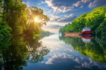 Fototapeta premium A large, ecofriendly cargo container ship at river, symbolizing sustainable maritime transport with a focus on reducing carbon emissions and preserving the environment.